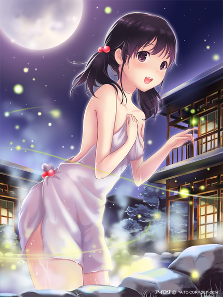 Anime picture 640x853 with ilog akiyama minaki occhan single long hair tall image blush open mouth light erotic black hair smile twintails bare shoulders brown eyes :d night night sky low twintails mountain naked towel