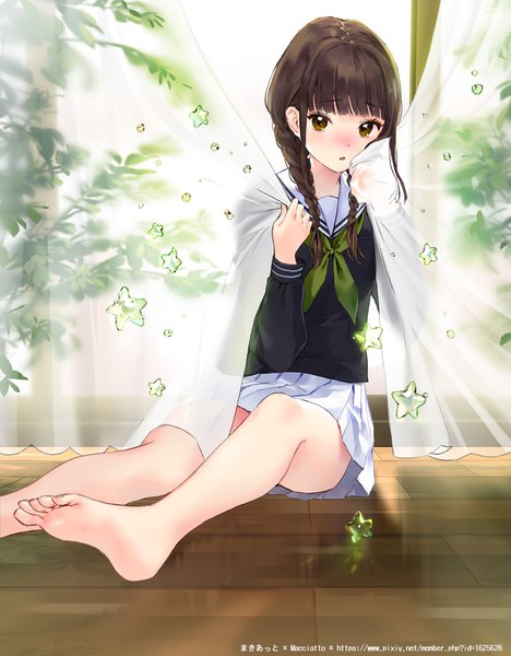 Anime picture 873x1118 with original macciatto (aciel02) single long hair tall image looking at viewer blush fringe black hair sitting brown eyes signed blunt bangs braid (braids) barefoot twin braids watermark floor revision girl