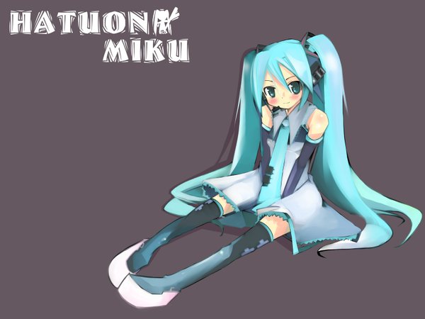 Anime picture 1600x1200 with vocaloid hatsune miku kanikama single looking at viewer blush fringe highres simple background smile hair between eyes sitting twintails full body very long hair aqua eyes aqua hair character names girl necktie