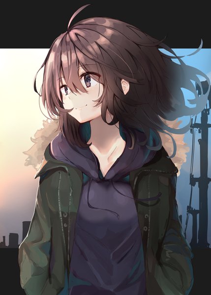 Anime picture 2591x3624 with original ranf single long hair tall image fringe highres smile hair between eyes brown hair brown eyes looking away upper body ahoge outdoors wind open clothes open jacket fur trim evening
