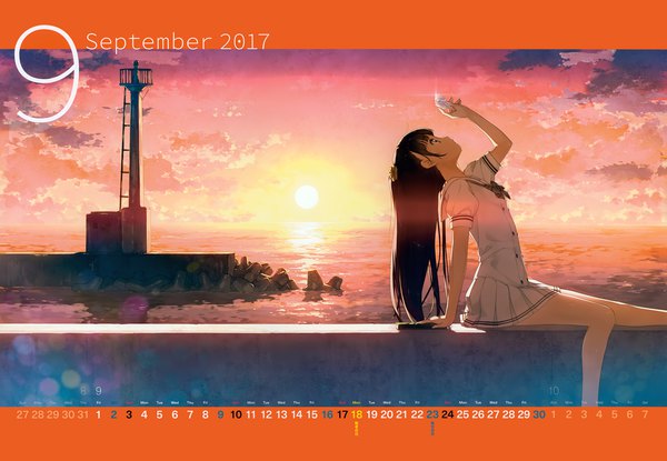 Аниме картинка 7020x4858 с оригинальное изображение nagisa (kantoku) kantoku один (одна) длинные волосы высокое разрешение чёрные волосы широкое изображение сидит карие глаза смотрит в сторону absurdres небо облако (облака) профиль скан официальный арт вечер закат календарь на 2017 год