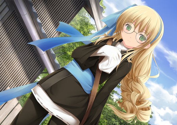Anime picture 2630x1860 with original kopianget single long hair blush highres blonde hair green eyes sky cloud (clouds) girl gloves ribbon (ribbons) plant (plants) hair ribbon tree (trees) glasses belt
