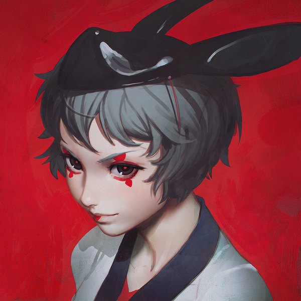 Anime picture 1080x1080 with original ilya kuvshinov single fringe short hair simple background smile red eyes animal ears from above grey hair shadow grey eyes bunny ears facial mark eyebrows red background multicolored eyes mask on head girl