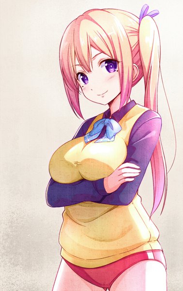 Anime picture 600x950 with musaigen no phantom world kawakami mai sekiyu. long hair tall image looking at viewer blush fringe breasts light erotic simple background blonde hair smile hair between eyes large breasts standing purple eyes mole mole under eye side ponytail