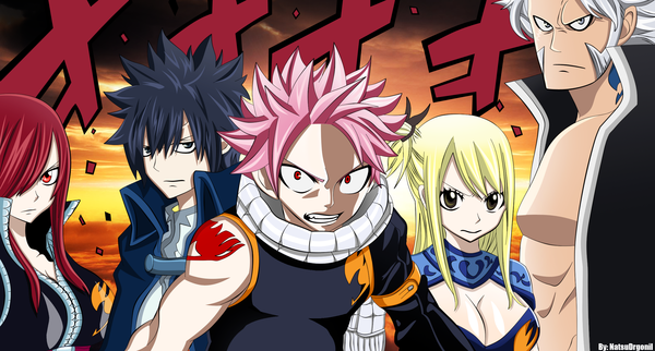 Anime picture 2426x1305 with fairy tail lucy heartfilia erza scarlet natsu dragneel gray fullbuster elfman strauss natsudrgonil long hair fringe highres short hair black hair blonde hair red eyes wide image multiple girls brown eyes pink hair sky cloud (clouds)