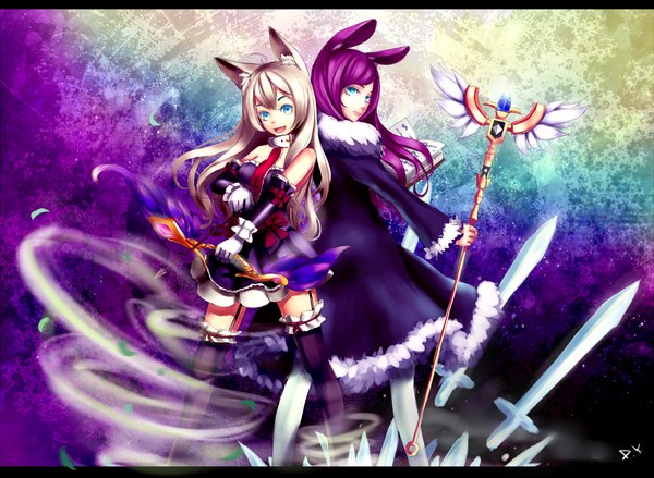 Anime picture 1200x879 with dragon nest archer (dragon nest) sorceress (dragon nest) polkadotedflower long hair looking at viewer open mouth blue eyes multiple girls animal ears pink hair grey hair girl thighhighs weapon black thighhighs 2 girls white thighhighs sword book (books)