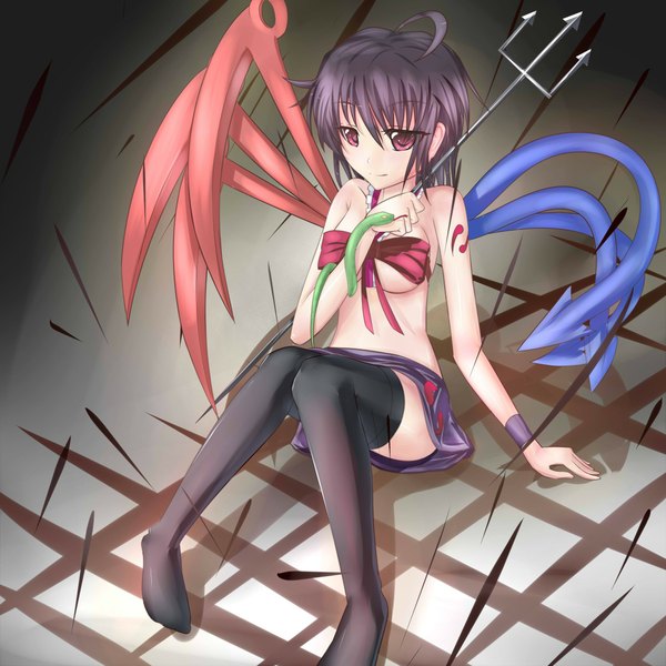 Anime picture 2000x2000 with touhou houjuu nue darren (artist) single highres short hair black hair red eyes ahoge girl thighhighs black thighhighs wings snake trident directional arrow