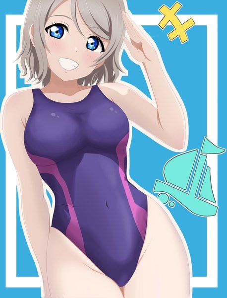 Anime picture 2894x3795 with love live! sunshine!! sunrise (studio) love live! watanabe you zanpon single tall image looking at viewer blush highres short hair breasts blue eyes light erotic smile head tilt grey hair grin covered navel hieroglyph