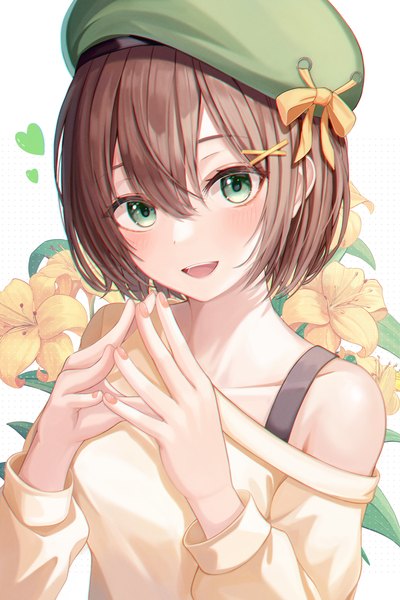 Anime picture 2918x4376 with original funii single tall image looking at viewer blush fringe highres short hair open mouth smile brown hair green eyes upper body :d off shoulder floral background fingers together girl hair ornament