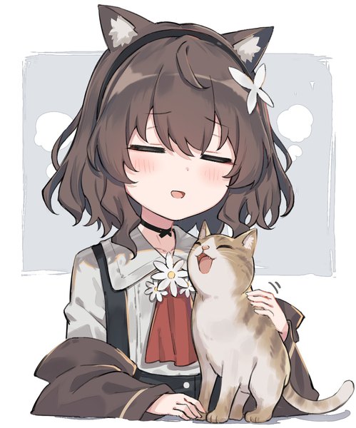 Anime picture 1243x1494 with original kurioshi fio satou (3366 s) single tall image blush fringe short hair open mouth hair between eyes brown hair white background animal ears upper body eyes closed cat ears girl hair ornament flower (flowers) animal