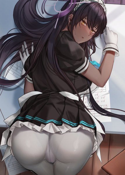 Anime-Bild 2500x3500 mit blue archive karin (blue archive) muunai single long hair tall image looking at viewer blush fringe highres breasts light erotic black hair hair between eyes large breasts standing yellow eyes ass indoors looking back