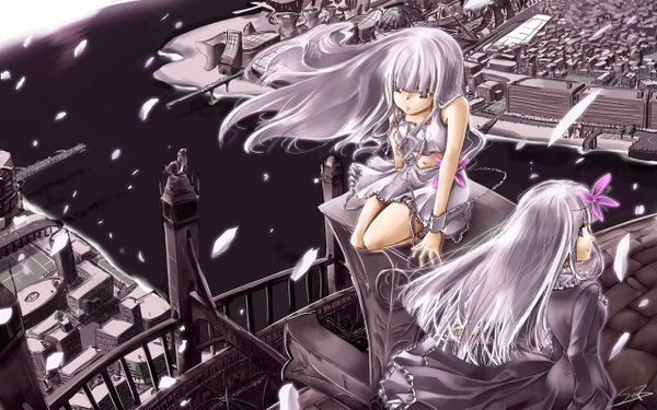 Anime picture 1280x800 with original long hair wide image purple eyes white hair city landscape twins dress flower (flowers) petals water