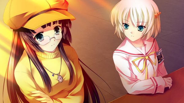 Anime picture 1280x720 with k-ten blue eyes black hair wide image multiple girls game cg white hair girl 2 girls hat glasses serafuku