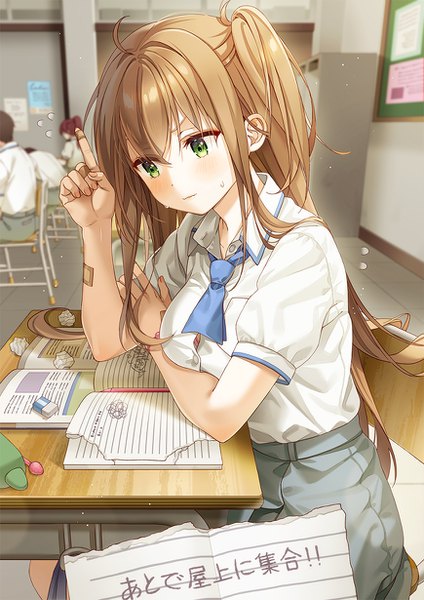 Anime picture 870x1230 with original unjem long hair tall image blush fringe breasts hair between eyes brown hair sitting multiple girls green eyes payot ahoge indoors fingernails blurry multiple boys short sleeves depth of field
