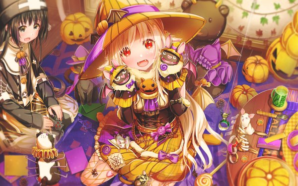 Anime picture 2022x1264 with original abo (kawatasyunnnosukesabu) looking at viewer fringe highres open mouth black hair blonde hair smile red eyes sitting multiple girls animal ears indoors nail polish black eyes fang (fangs) depth of field halloween witch