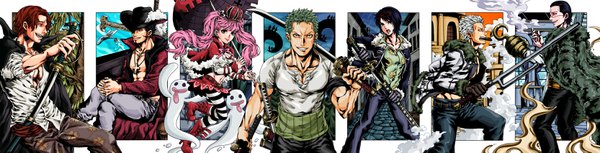 Anime picture 3330x850 with one piece toei animation roronoa zoro perona shanks sir crocodile dracule mihawk smoker (one piece) tashigi shuttahellup long hair highres short hair open mouth smile wide image standing sitting twintails multiple girls