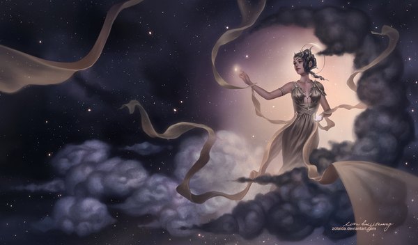 Anime picture 1920x1128 with zolaida (artist) single long hair highres black hair wide image bare shoulders signed sky cloud (clouds) realistic grey eyes glowing glow girl dress hair ornament ribbon (ribbons) bracelet star (stars)