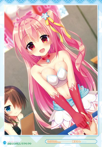 Anime picture 2375x3404 with original aoi yun long hair tall image looking at viewer blush fringe highres breasts open mouth blue eyes light erotic red eyes brown hair multiple girls pink hair scan hair over one eye dutch angle depth of field
