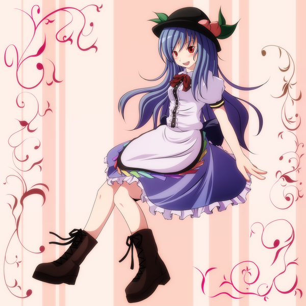 Anime picture 1500x1500 with touhou hinanawi tenshi s-syogo single long hair blush red eyes blue hair girl dress hat boots apron