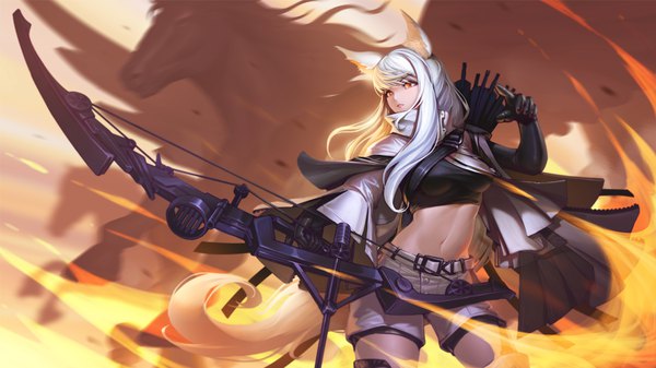 Anime picture 5334x3000 with arknights platinum (arknights) klon single long hair fringe highres wide image standing holding animal ears looking away absurdres white hair tail animal tail arm up midriff orange eyes horse ears
