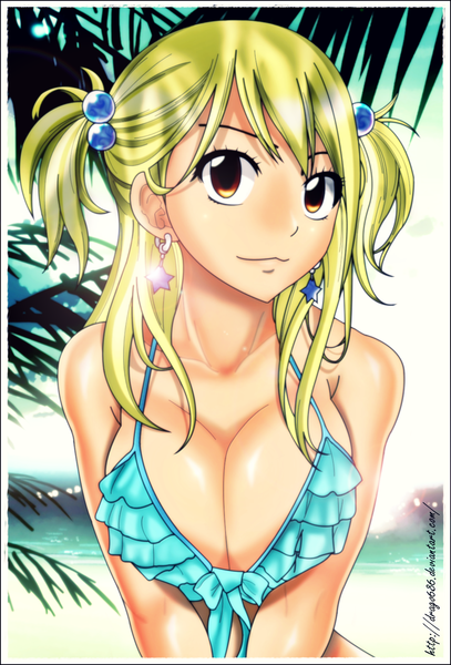 Anime picture 1039x1532 with fairy tail lucy heartfilia drago686 single long hair tall image light erotic blonde hair smile orange eyes beach coloring framed girl swimsuit plant (plants) earrings bikini tree (trees) sea