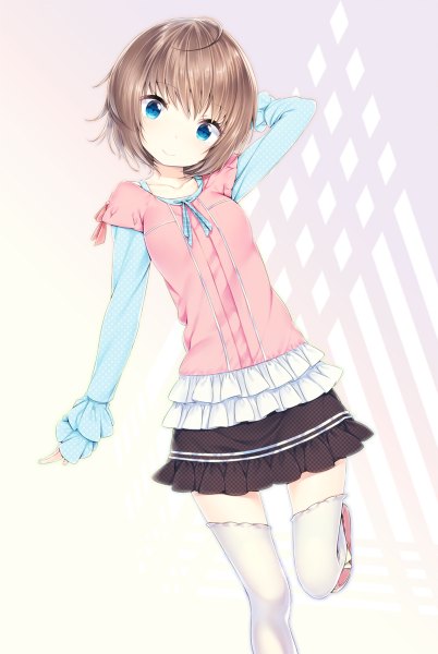 Anime picture 804x1200 with original zizi (zz22) single tall image looking at viewer short hair blue eyes smile brown hair girl thighhighs skirt white thighhighs