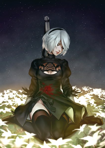 Anime picture 1357x1920 with nier nier:automata yorha no. 2 type b as109 single tall image breasts light erotic sitting silver hair eyes closed lips mole puffy sleeves wariza mole under mouth bleeding death girl thighhighs
