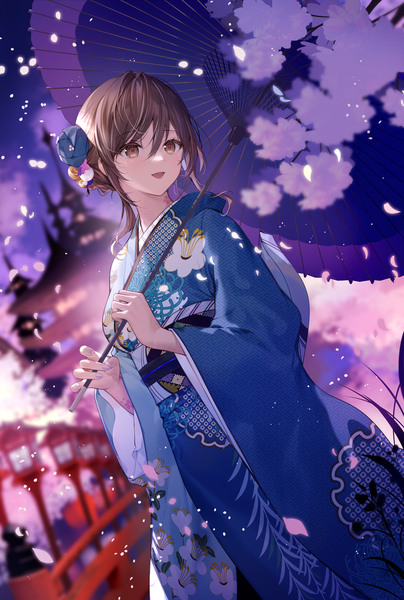 Anime picture 1500x2225 with original necomi (gussan) single tall image fringe short hair open mouth smile brown hair standing brown eyes looking away outdoors traditional clothes :d japanese clothes hair flower blurry night wide sleeves