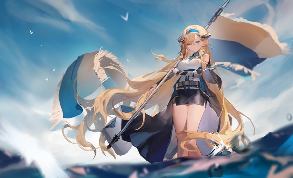 Anime-Bild 4668x2832 mit arknights saileach (arknights) you zhaqi single fringe highres blue eyes blonde hair hair between eyes wide image standing absurdres very long hair horn (horns) wind pointy ears partially submerged girl skirt miniskirt