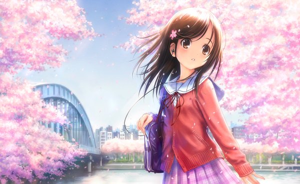 Anime picture 1280x783 with original goto p single long hair looking at viewer blush brown hair wide image hair flower cherry blossoms plaid skirt river girl skirt uniform hair ornament flower (flowers) plant (plants) petals tree (trees)