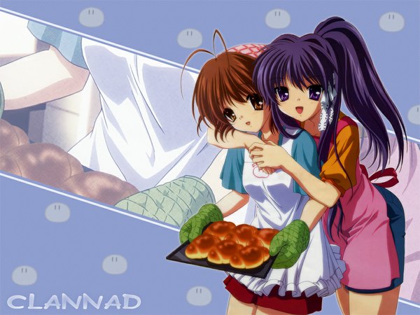 Anime picture 1024x768 with clannad key (studio) furukawa nagisa fujibayashi kyou ikeda kazumi long hair brown hair purple eyes brown eyes purple hair ponytail wallpaper hug casual apron tray bread oven mittens dango daikazoku pot holders