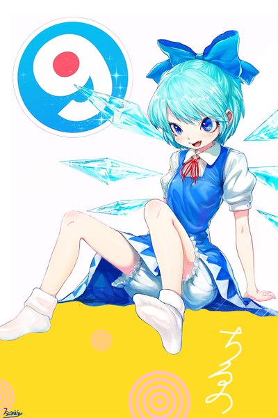 Anime picture 1001x1500 with touhou cirno nanase miri single tall image blush short hair open mouth blue eyes sitting signed blue hair looking away no shoes girl dress bow hair bow wings socks