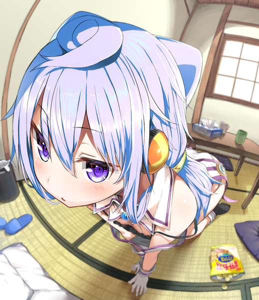 Anime-Bild 1200x1386 mit hacka doll creators in pack hacka doll 3 greatmosu single tall image looking at viewer blush fringe open mouth light erotic hair between eyes purple eyes bare shoulders holding animal ears blue hair ahoge indoors low ponytail