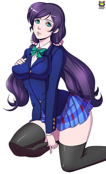 Anime picture 610x1000 with love live! school idol project sunrise (studio) love live! toujou nozomi kyoffie12 single long hair tall image looking at viewer breasts light erotic simple background large breasts white background purple hair aqua eyes hand on chest girl thighhighs skirt