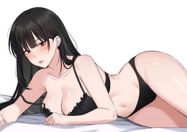 Anime picture 3035x2150 with original senapops single long hair blush fringe highres breasts light erotic black hair simple background red eyes large breasts white background absurdres lying blunt bangs underwear only shiny skin girl