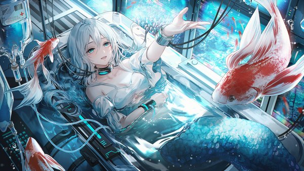 Anime picture 1500x844 with original unity (ekvmsp02) single long hair fringe open mouth blue eyes hair between eyes wide image white hair :d arm up from above partially submerged looking up monster girl girl animal water collar