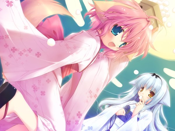 Anime picture 1600x1200 with wanko to lily wanko lily (w&l) chikotam long hair looking at viewer blush short hair open mouth blue eyes multiple girls brown eyes animal ears blue hair pink hair ahoge bent knee (knees) tail :d japanese clothes