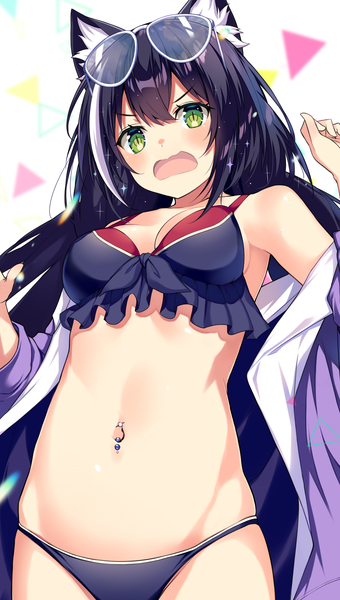 Anime picture 1696x2992 with princess connect! re:dive princess connect! karyl (princess connect!) kurebayashi noe single long hair tall image looking at viewer blush fringe breasts open mouth light erotic black hair simple background hair between eyes standing white background green eyes animal ears
