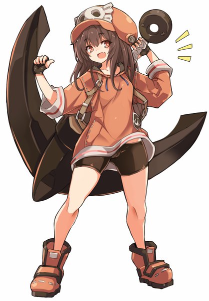 Anime-Bild 975x1400 mit guilty gear may (guilty gear) karukan (monjya) single long hair tall image looking at viewer blush fringe open mouth light erotic simple background smile hair between eyes brown hair standing white background holding brown eyes full body