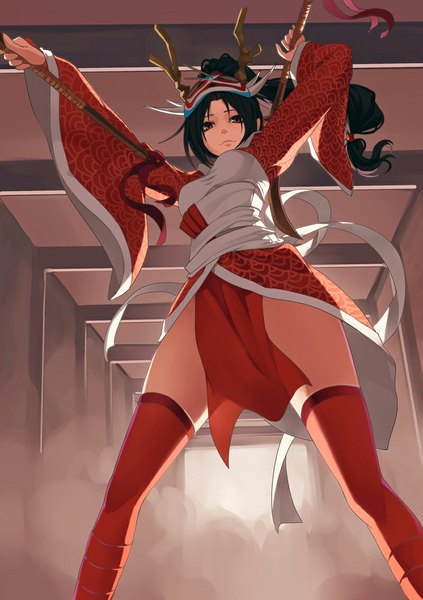 Anime picture 800x1135 with league of legends akali (league of legends) fkey single long hair tall image looking at viewer breasts black hair red eyes ponytail horn (horns) from below chinese clothes mask on head dust girl thighhighs weapon mask