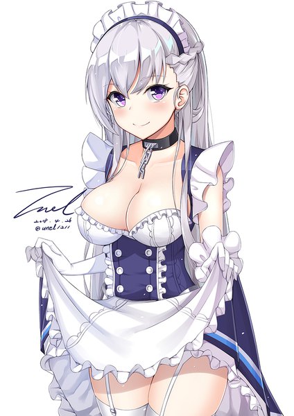 Anime picture 800x1131 with azur lane belfast (azur lane) unel single long hair tall image looking at viewer blush fringe breasts light erotic simple background smile large breasts standing white background purple eyes signed cleavage silver hair