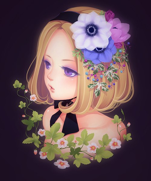 Anime picture 750x900 with original aoi itou single tall image short hair blonde hair simple background purple eyes bare shoulders looking away hair flower black background portrait eyeshadow makeup girl hair ornament flower (flowers) headband