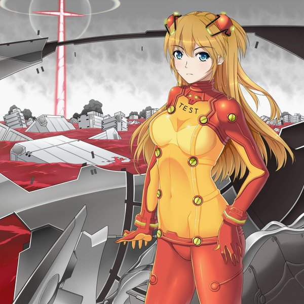 Anime picture 1800x1800 with neon genesis evangelion rebuild of evangelion evangelion: 2.0 you can (not) advance end of evangelion gainax soryu asuka langley shikinami asuka langley single long hair looking at viewer highres blue eyes blonde hair standing midriff hand on hip ruins girl navel hair ornament