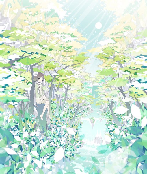 Anime picture 1200x1412 with original tall image short hair brown hair sitting brown eyes barefoot waterfall girl plant (plants) petals tree (trees) water hairband