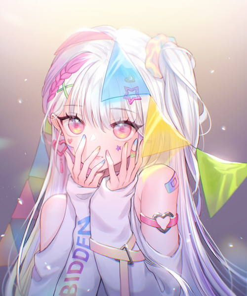 Anime picture 2000x2400 with original pawwao single long hair tall image looking at viewer blush fringe highres simple background bare shoulders white hair long sleeves nail polish pink eyes multicolored hair fingernails two-tone hair one side up gradient background