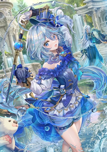 Anime picture 1250x1767 with genshin impact furina (genshin impact) neuvillette (genshin impact) leisurely otter (genshin impact) blubberbeast (genshin impact) torino aqua long hair tall image blush fringe open mouth blue eyes hair between eyes standing twintails holding signed looking away silver hair ahoge