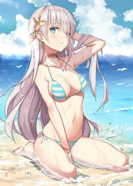 Anime picture 1295x1812 with fate (series) fate/grand order anastasia (fate) kyaroru single long hair tall image looking at viewer blush fringe breasts open mouth blue eyes light erotic sitting bare shoulders sky silver hair cloud (clouds) full body