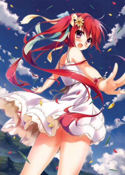 Anime picture 2145x3000 with original yuzuna hiyo single tall image looking at viewer blush highres open mouth purple eyes sky cloud (clouds) red hair very long hair hair flower scan girl flower (flowers) ribbon (ribbons) hair ribbon petals