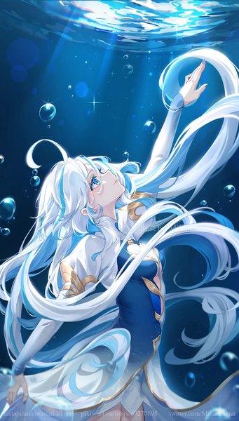 Anime picture 1000x1758 with genshin impact focalors (genshin impact) mihan77108047 single tall image blue eyes ahoge white hair very long hair profile multicolored hair arm up sparkle streaked hair looking up colored inner hair underwater spoilers girl dress
