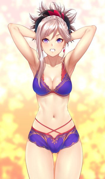 Anime picture 593x1000 with fate (series) fate/grand order miyamoto musashi (fate) zucchini single tall image looking at viewer blush fringe short hair breasts blue eyes light erotic simple background hair between eyes standing cleavage silver hair blurry arms up